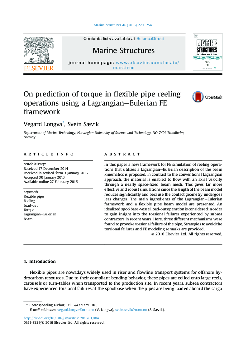 On prediction of torque in flexible pipe reeling operations using a Lagrangian–Eulerian FE framework