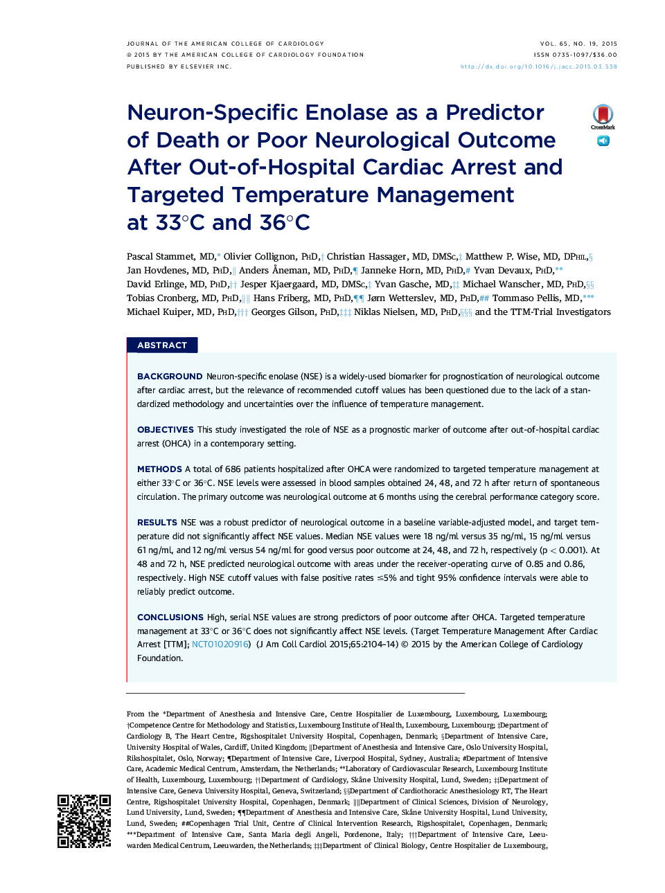 Neuron-Specific Enolase as a Predictor of Death or Poor Neurological Outcome After Out-of-Hospital Cardiac Arrest and Targeted Temperature Management at 33°C and 36°C 