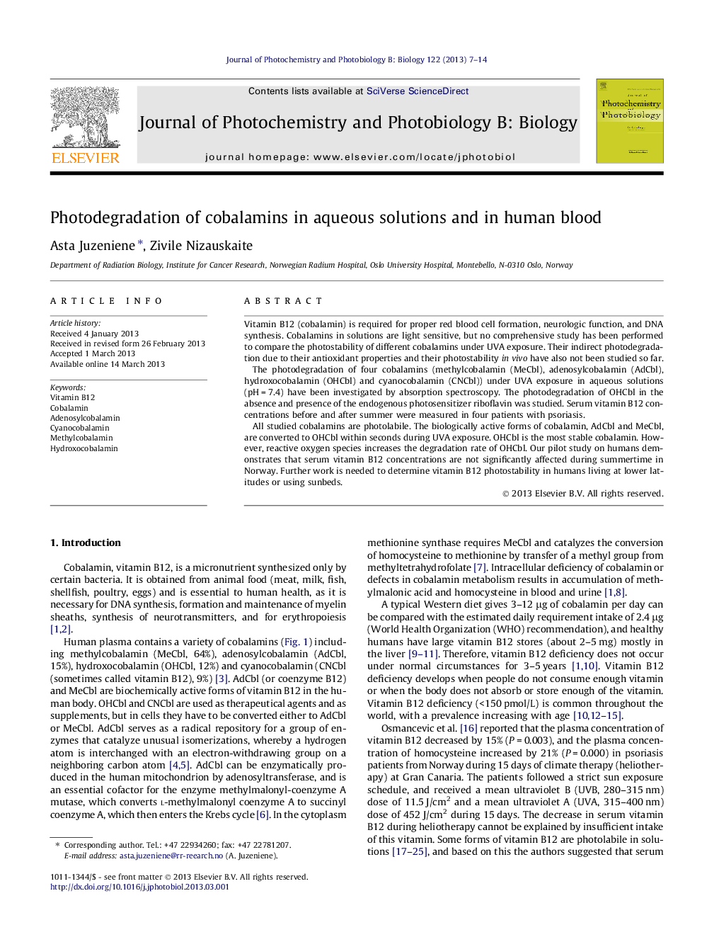 Photodegradation of cobalamins in aqueous solutions and in human blood