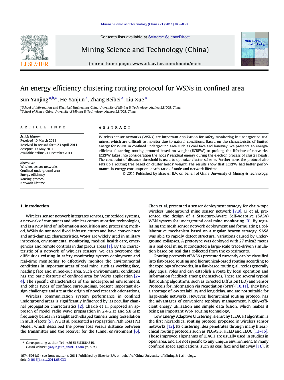 An energy efficiency clustering routing protocol for WSNs in confined area