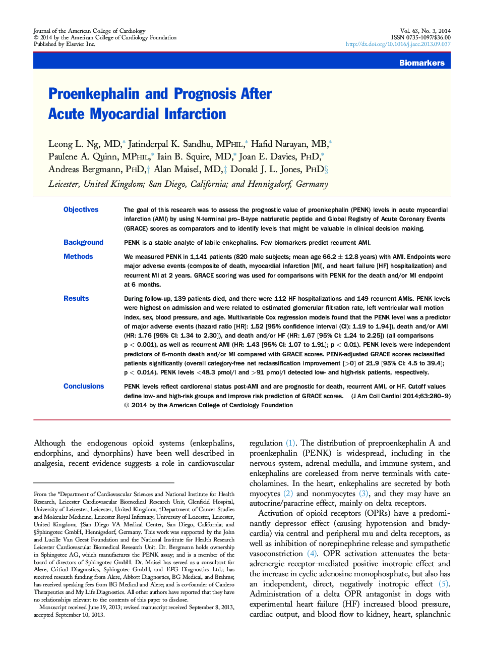 Proenkephalin and Prognosis After Acute Myocardial Infarction 