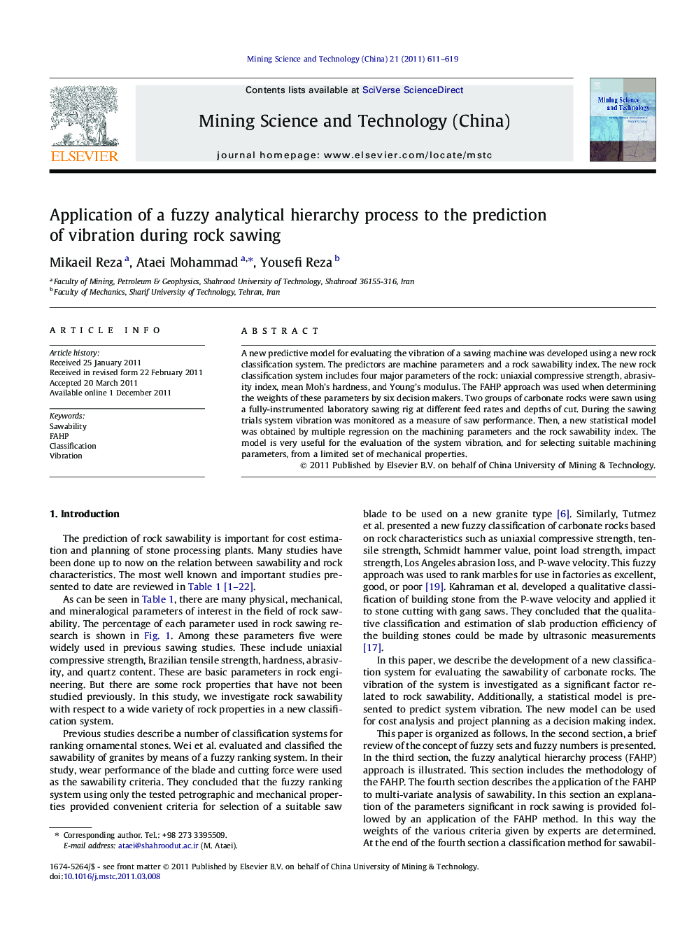 Application of a fuzzy analytical hierarchy process to the prediction of vibration during rock sawing