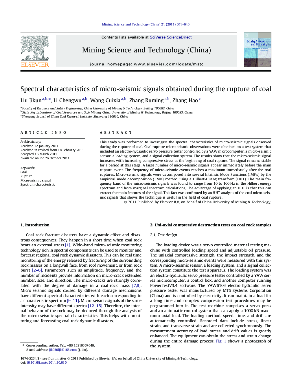 Spectral characteristics of micro-seismic signals obtained during the rupture of coal