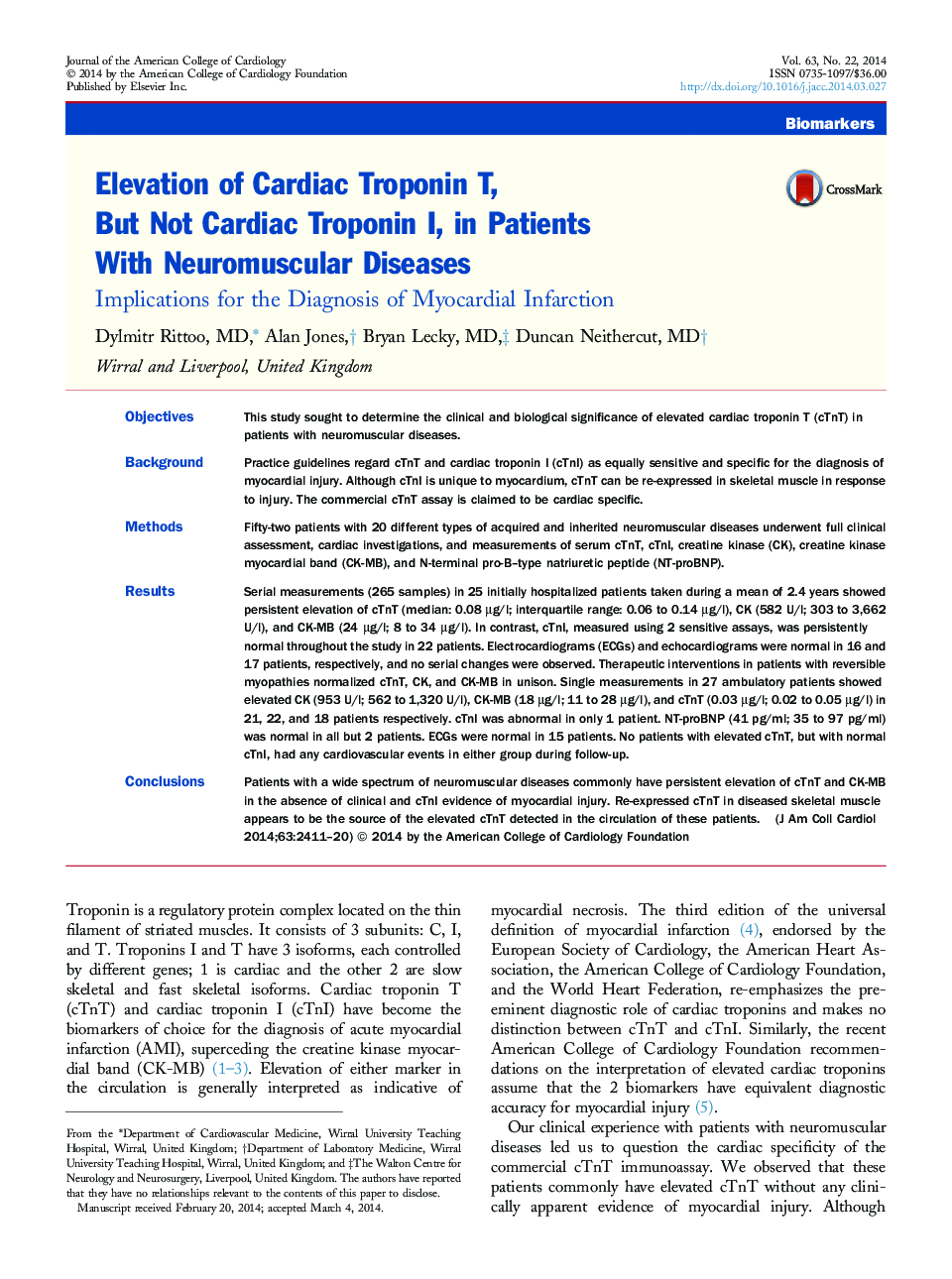 Elevation of Cardiac Troponin T, But Not Cardiac Troponin I, in Patients With Neuromuscular Diseases : Implications for the Diagnosis of Myocardial Infarction