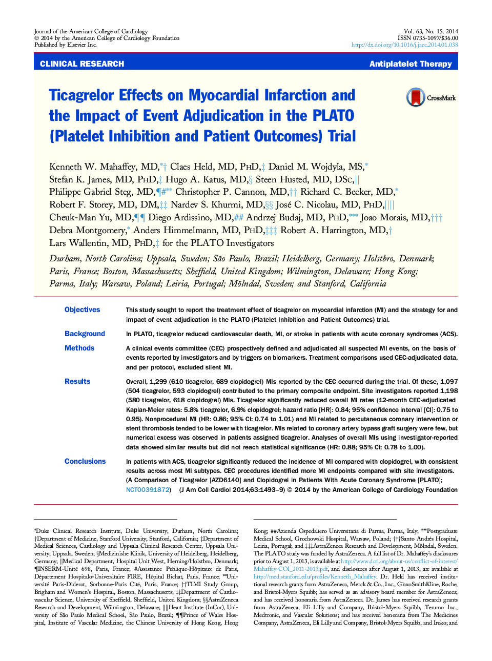 Ticagrelor Effects on Myocardial Infarction and the Impact of Event Adjudication in the PLATO (Platelet Inhibition and Patient Outcomes) Trial 