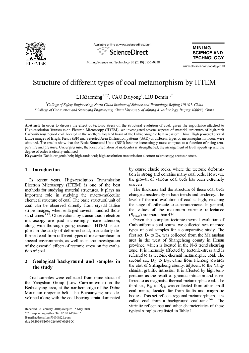 Structure of different types of coal metamorphism by HTEM