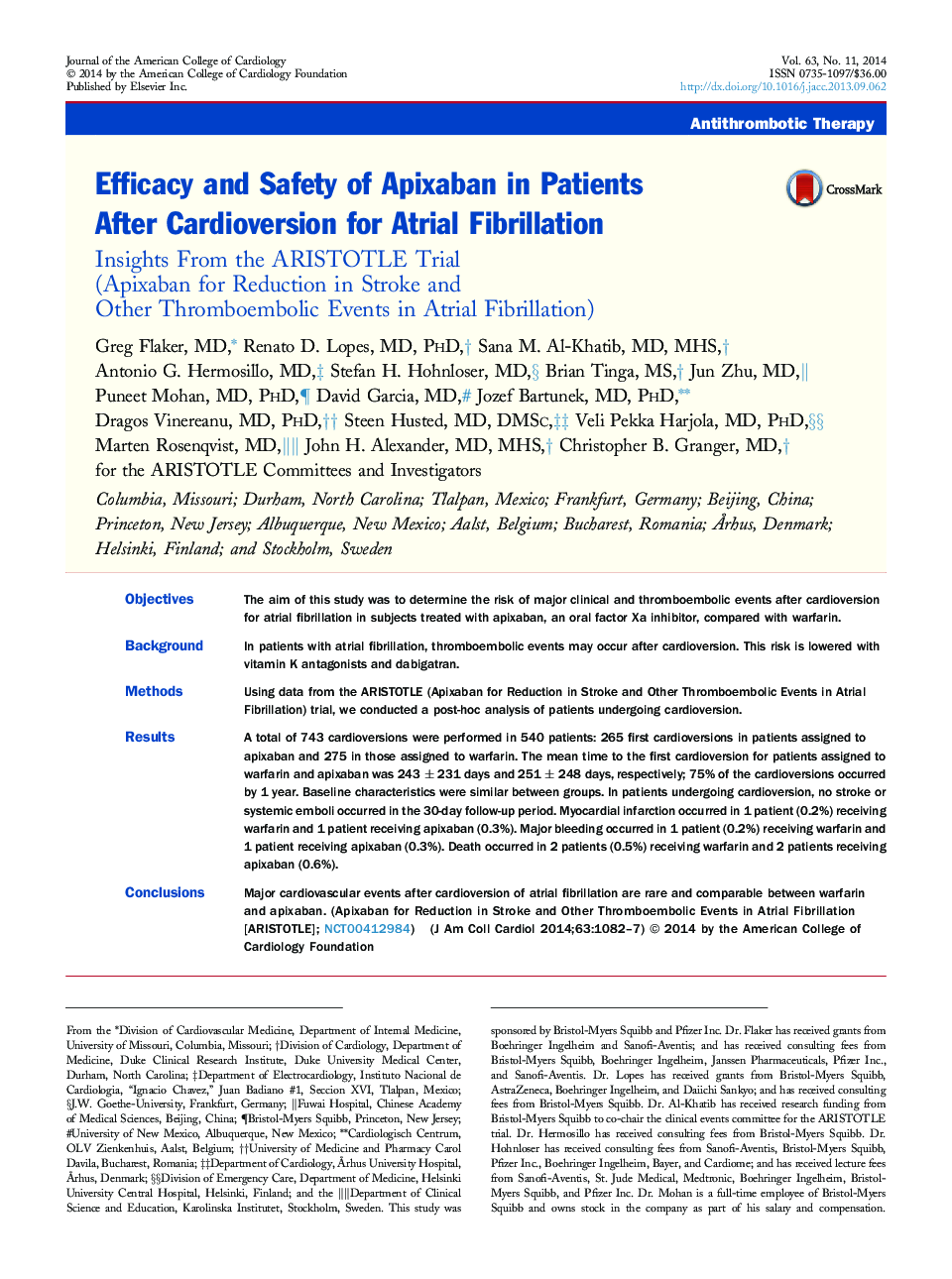 Efficacy and Safety of Apixaban in Patients After Cardioversion for Atrial Fibrillation : Insights From the ARISTOTLE Trial (Apixaban for Reduction in Stroke and Other Thromboembolic Events in Atrial Fibrillation)