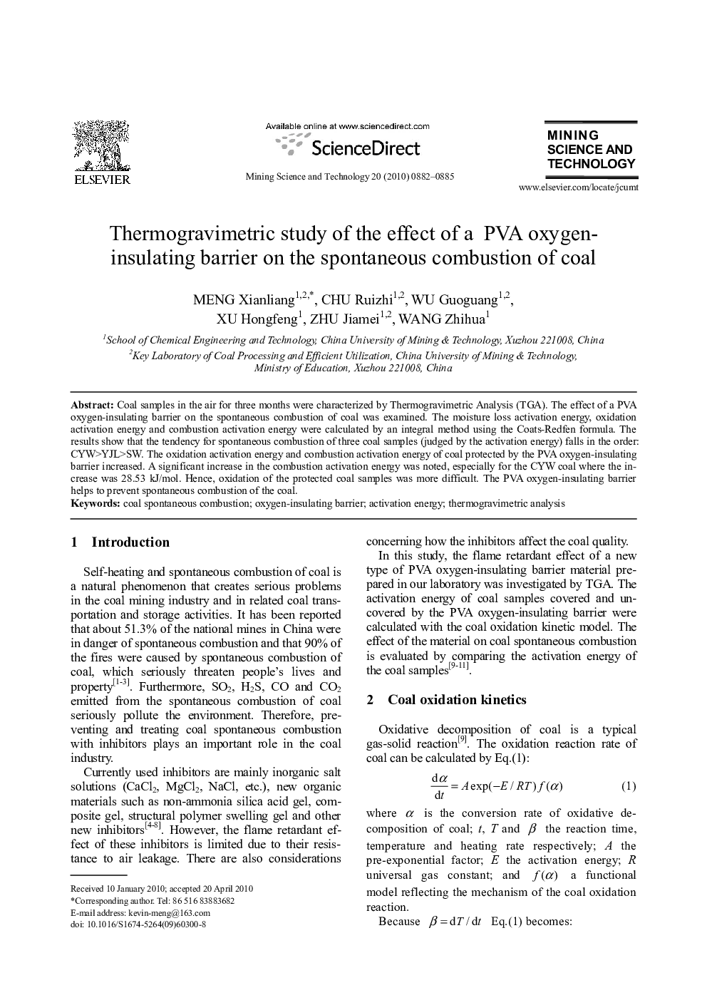 Thermogravimetric study of the effect of a PVA oxygen-insulating barrier on the spontaneous combustion of coal