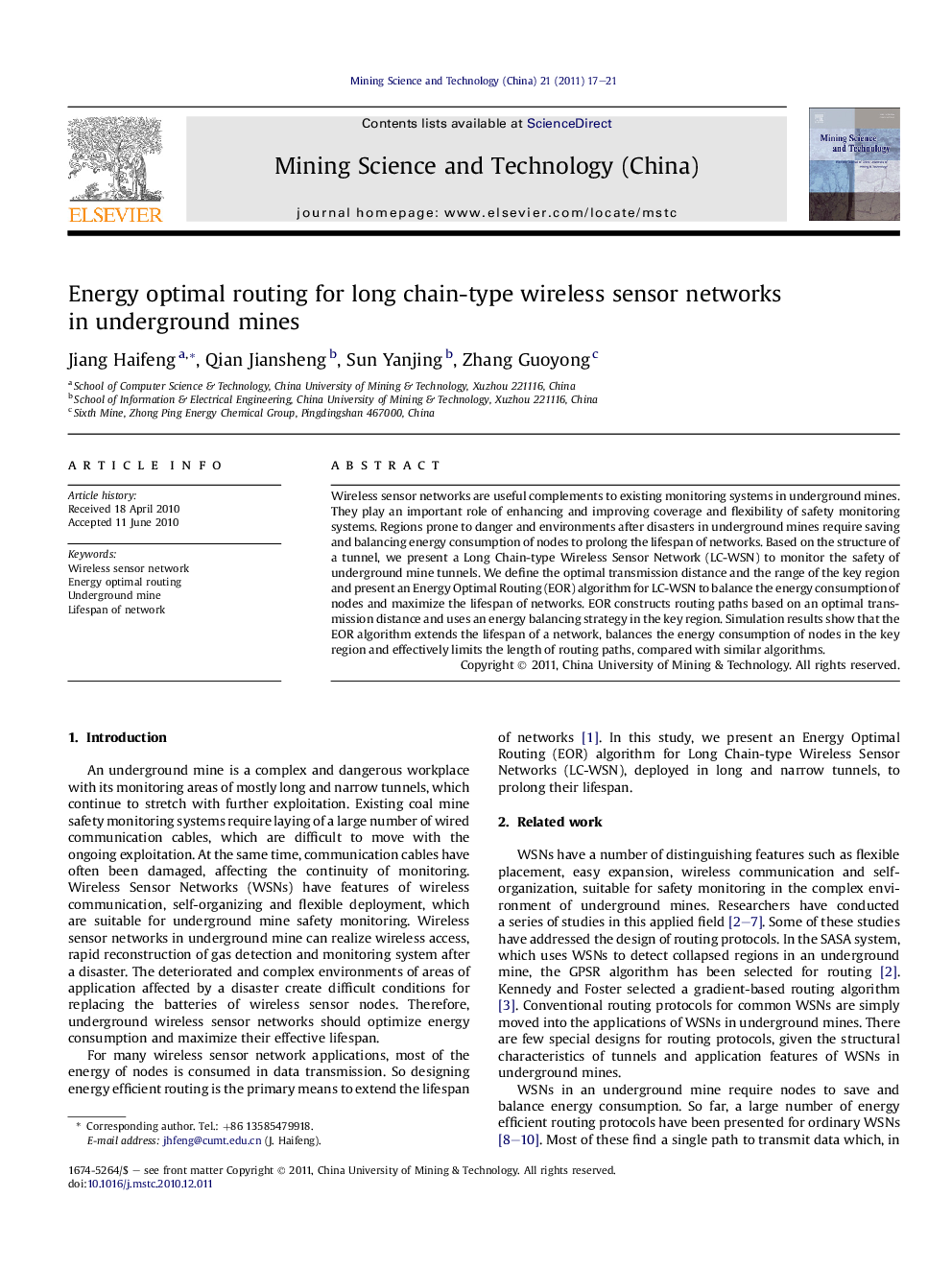 Energy optimal routing for long chain-type wireless sensor networks in underground mines