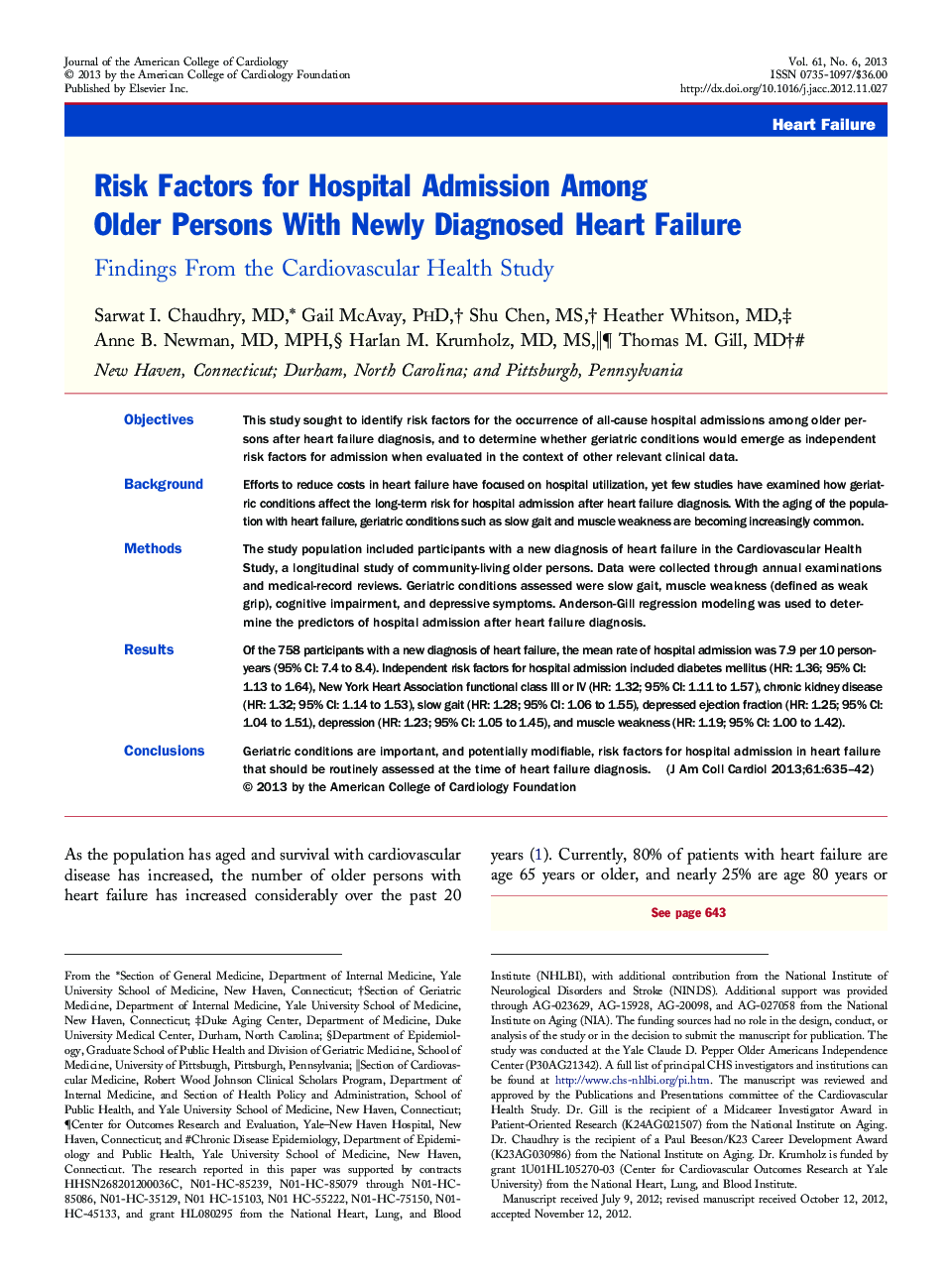 Risk Factors for Hospital Admission Among Older Persons With Newly Diagnosed Heart Failure : Findings From the Cardiovascular Health Study