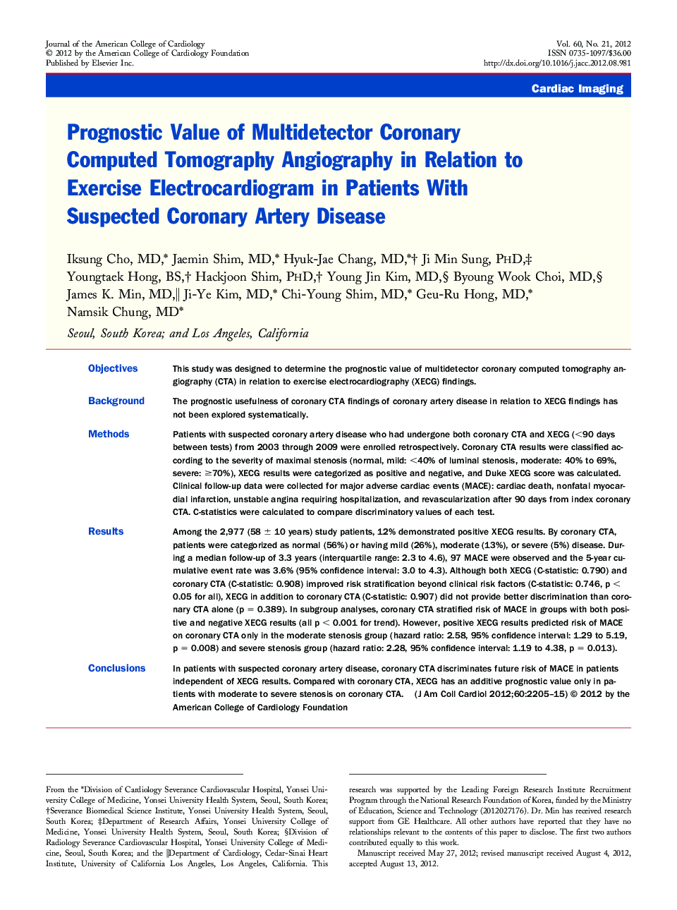 Prognostic Value of Multidetector Coronary Computed Tomography Angiography in Relation to Exercise Electrocardiogram in Patients With Suspected Coronary Artery Disease 