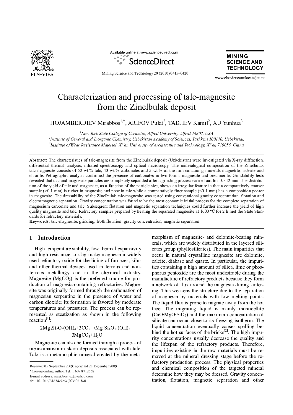 Characterization and processing of talc-magnesite from the Zinelbulak deposit