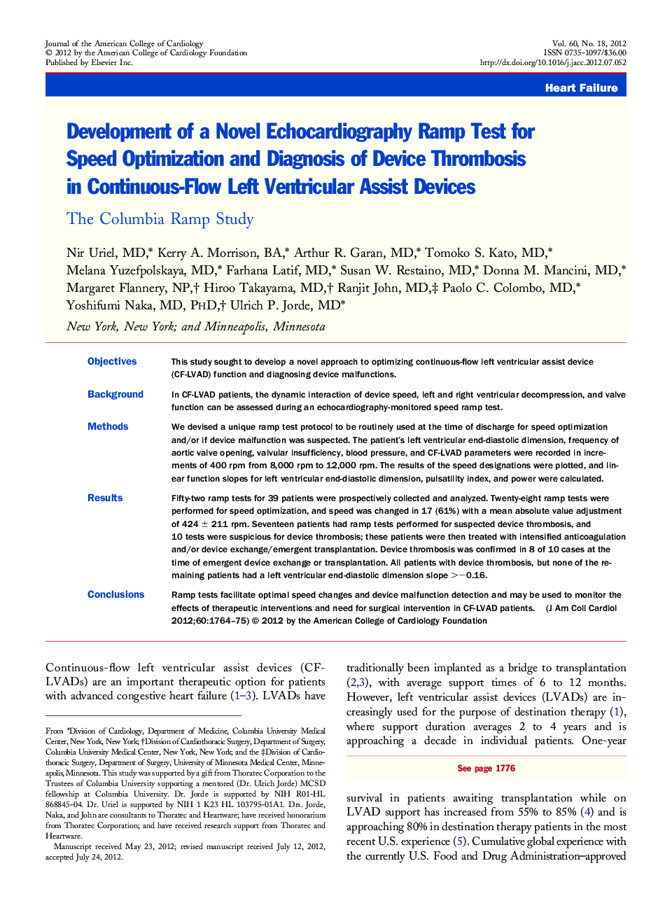 Development of a Novel Echocardiography Ramp Test for Speed Optimization and Diagnosis of Device Thrombosis in Continuous-Flow Left Ventricular Assist Devices : The Columbia Ramp Study