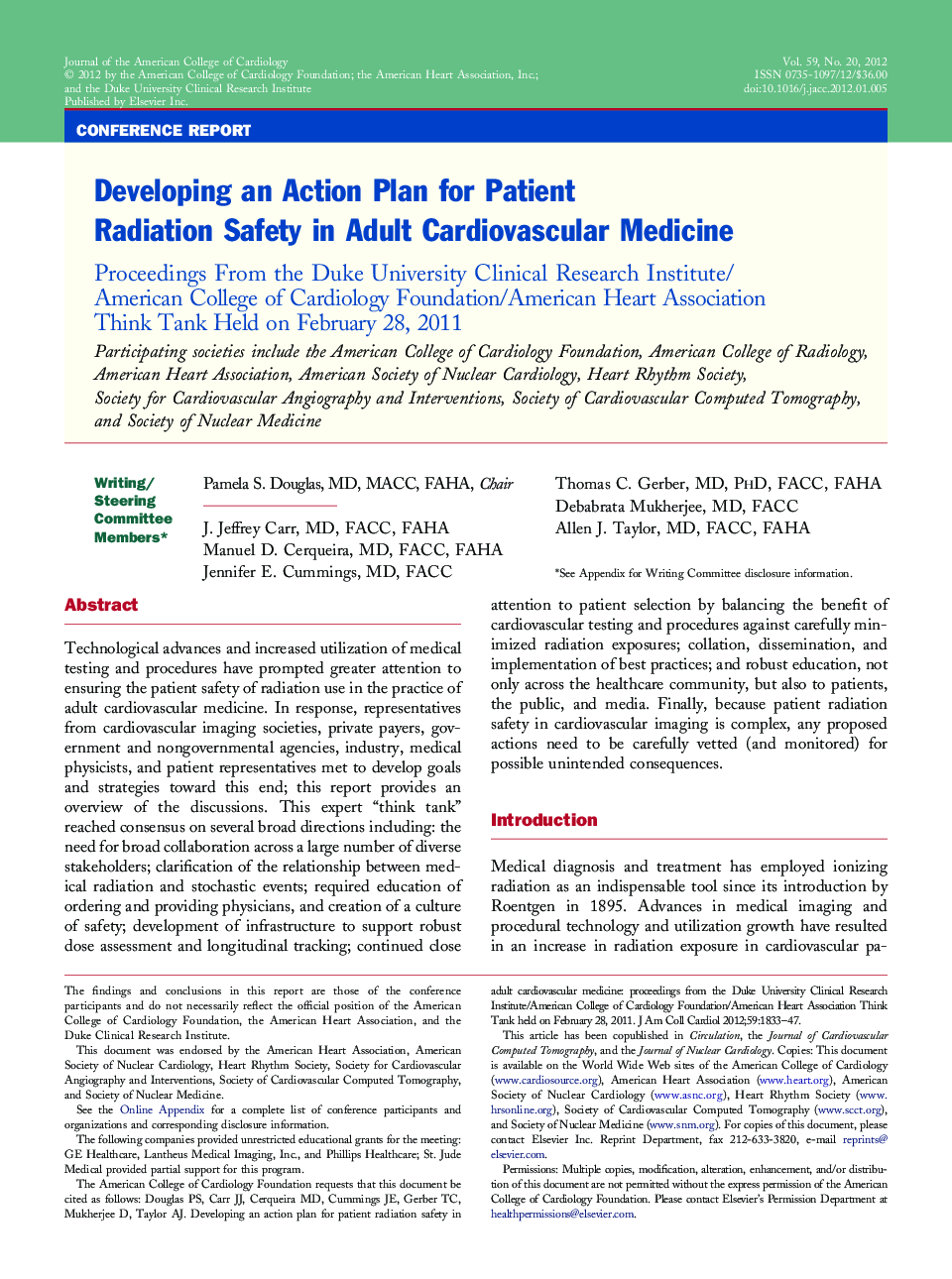 Developing an Action Plan for Patient Radiation Safety in Adult Cardiovascular Medicine