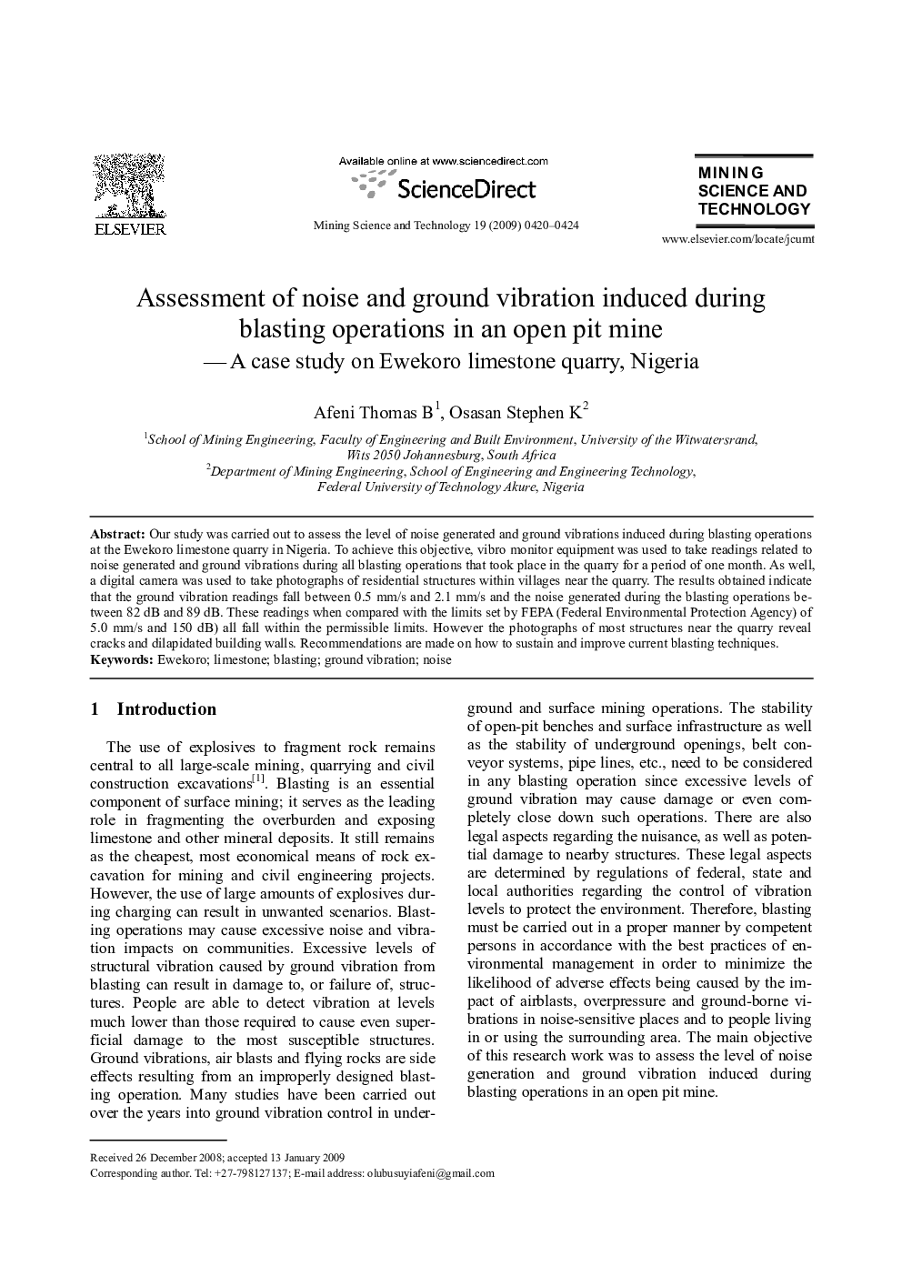 Assessment of noise and ground vibration induced during blasting operations in an open pit mine — A case study on Ewekoro limestone quarry, Nigeria