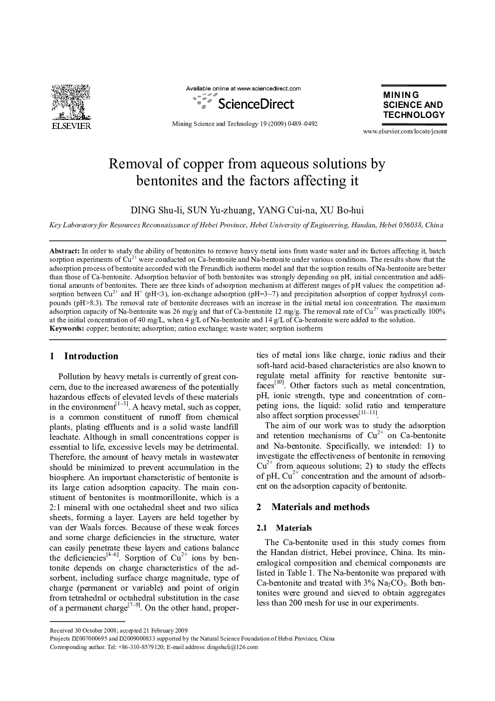 Removal of copper from aqueous solutions by bentonites and the factors affecting it 