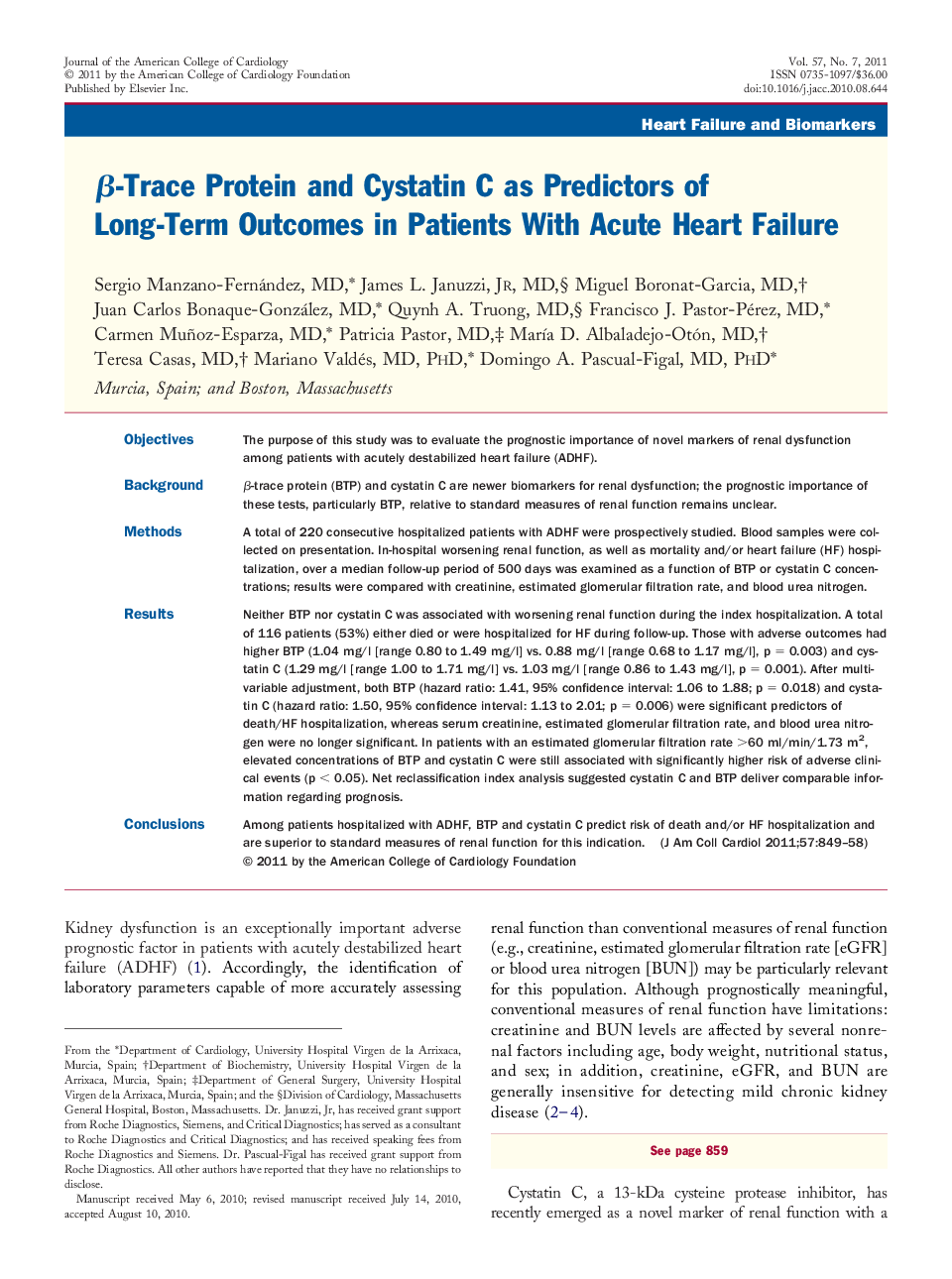β-Trace Protein and Cystatin C as Predictors of Long-Term Outcomes in Patients With Acute Heart Failure 