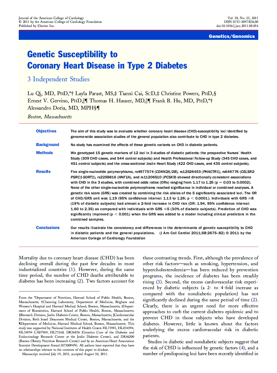 Genetic Susceptibility to Coronary Heart Disease in Type 2 Diabetes : 3 Independent Studies