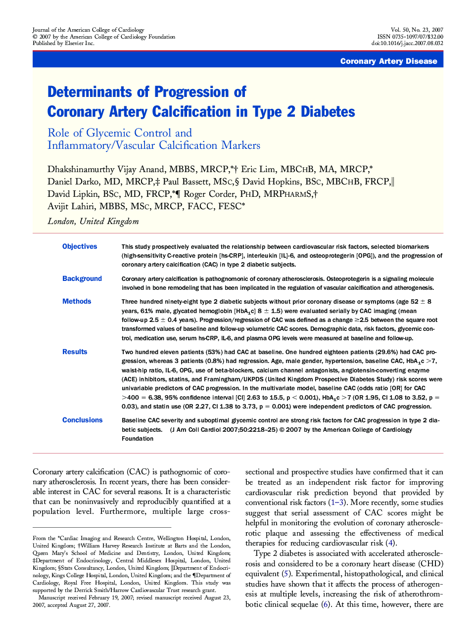 Determinants of Progression of Coronary Artery Calcification in Type 2 Diabetes : Role of Glycemic Control and Inflammatory/Vascular Calcification Markers