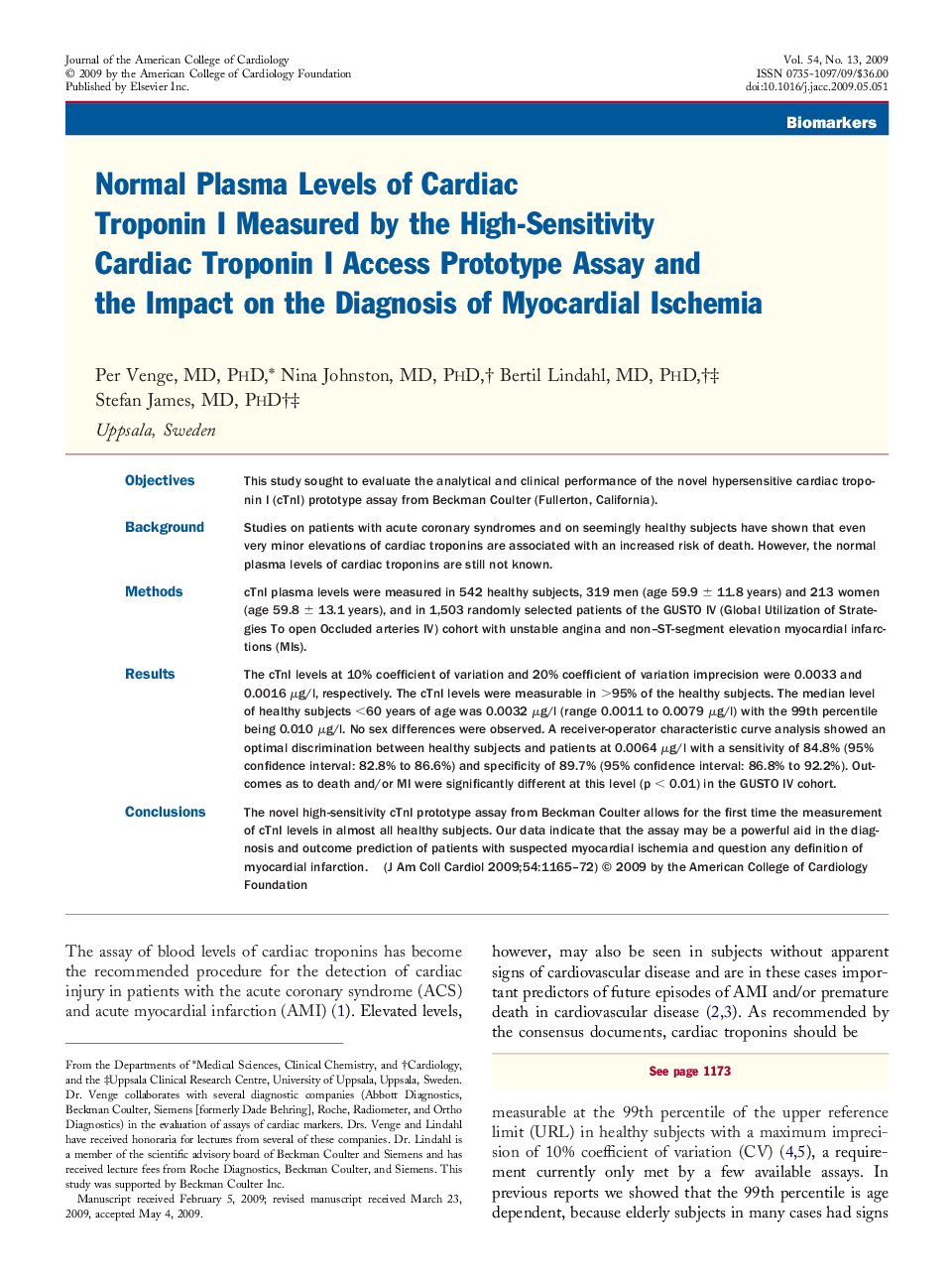 Normal Plasma Levels of Cardiac Troponin I Measured by the High-Sensitivity Cardiac Troponin I Access Prototype Assay and the Impact on the Diagnosis of Myocardial Ischemia 