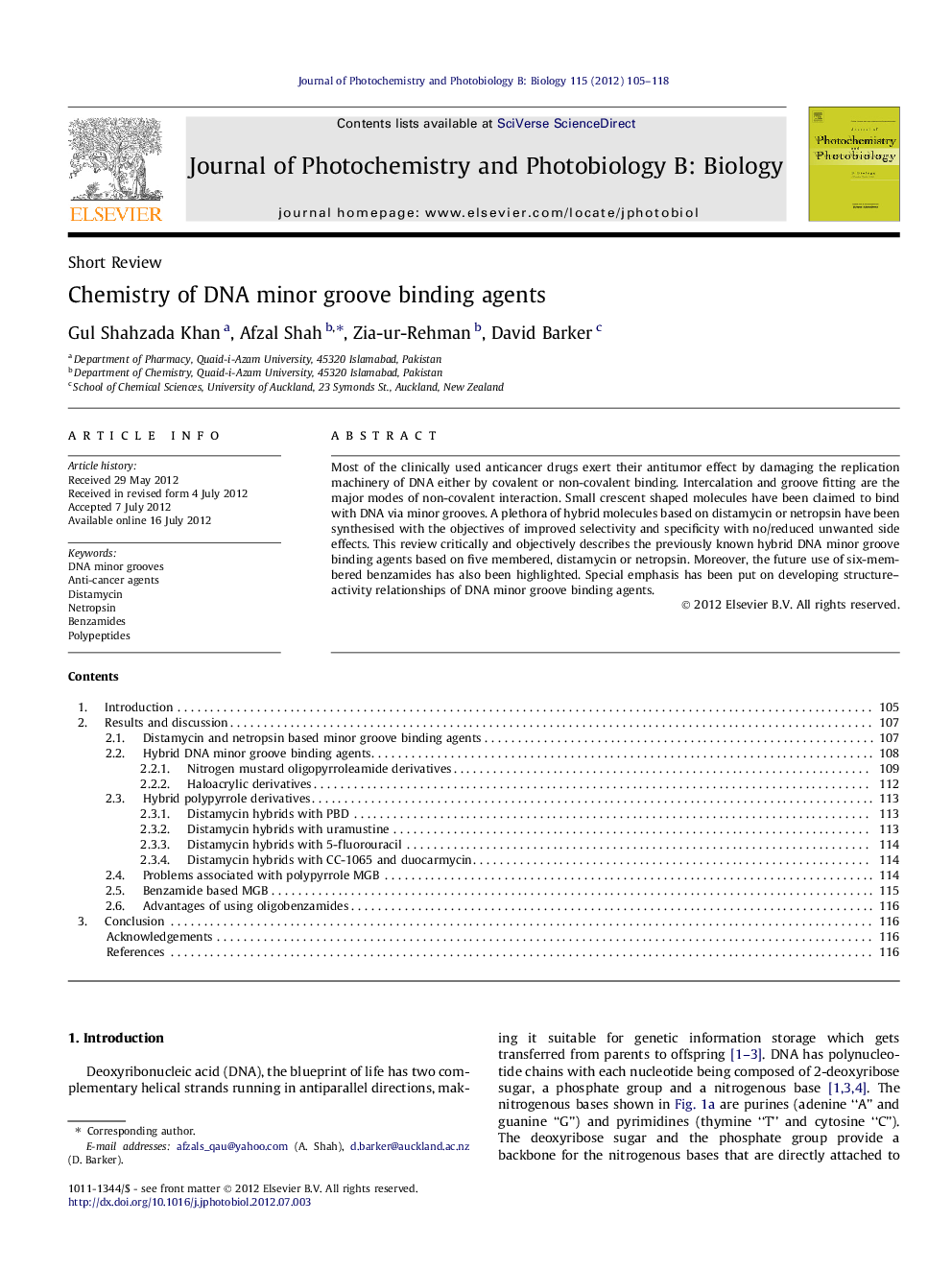 Chemistry of DNA minor groove binding agents