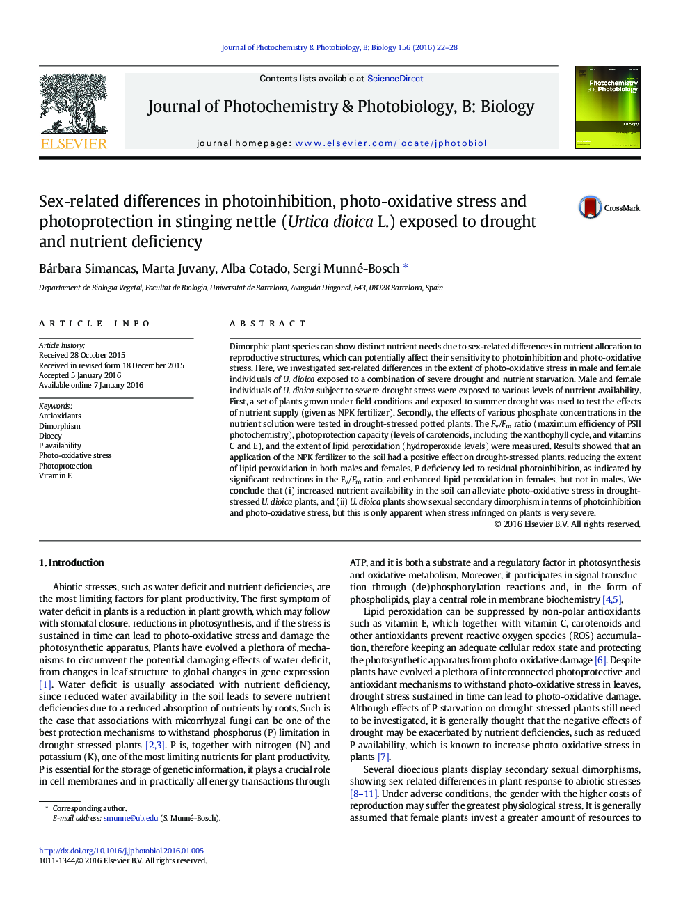 Sex-related differences in photoinhibition, photo-oxidative stress and photoprotection in stinging nettle (Urtica dioica L.) exposed to drought and nutrient deficiency