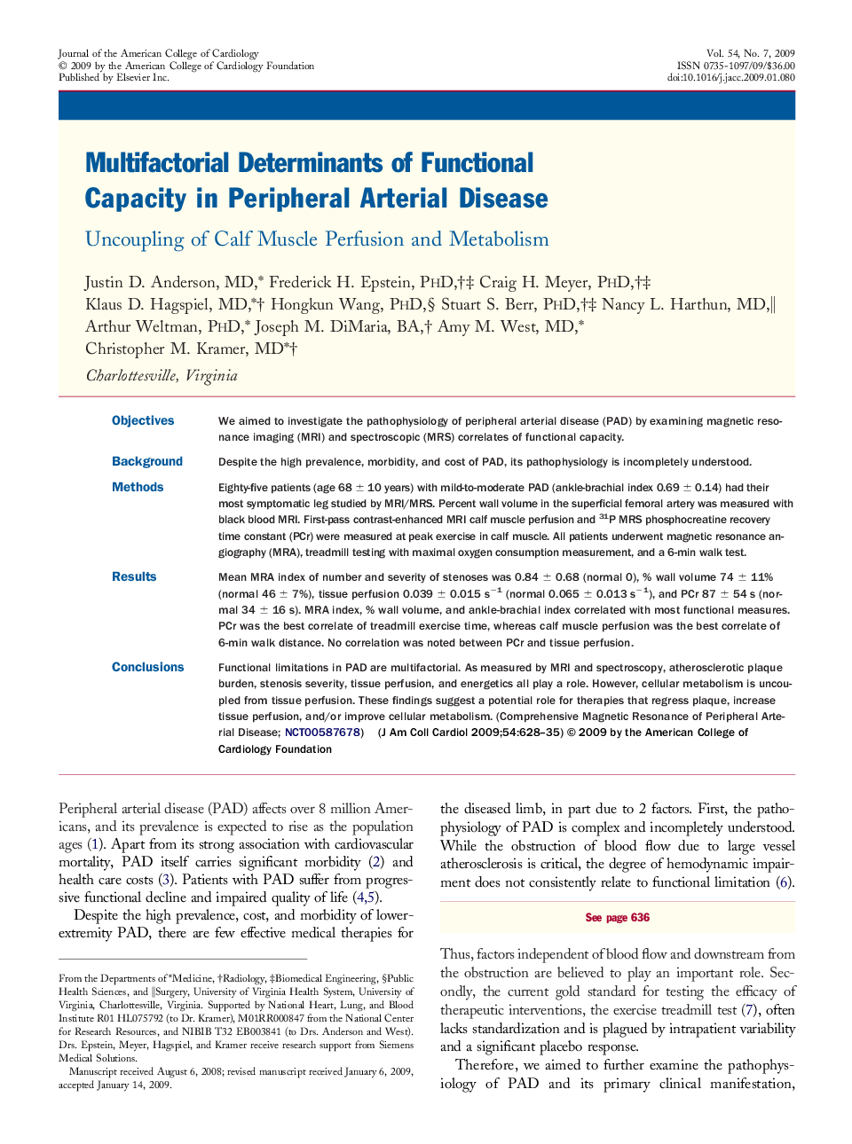 Multifactorial Determinants of Functional Capacity in Peripheral Arterial Disease : Uncoupling of Calf Muscle Perfusion and Metabolism