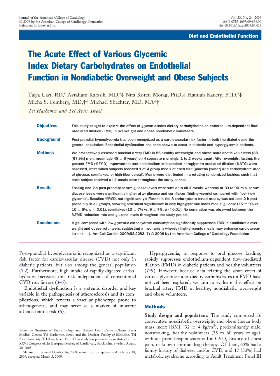 The Acute Effect of Various Glycemic Index Dietary Carbohydrates on Endothelial Function in Nondiabetic Overweight and Obese Subjects
