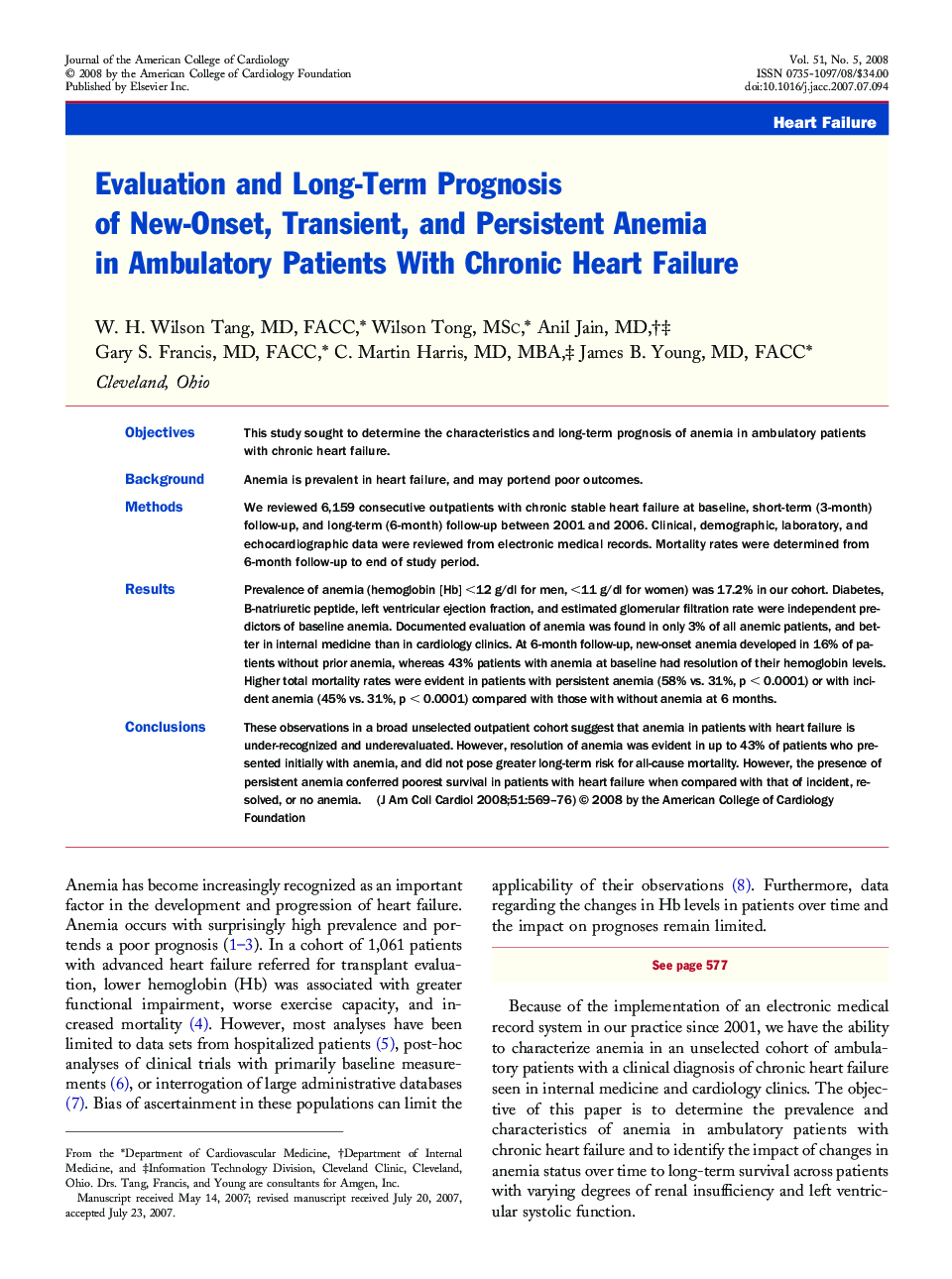 Evaluation and Long-Term Prognosis of New-Onset, Transient, and Persistent Anemia in Ambulatory Patients With Chronic Heart Failure