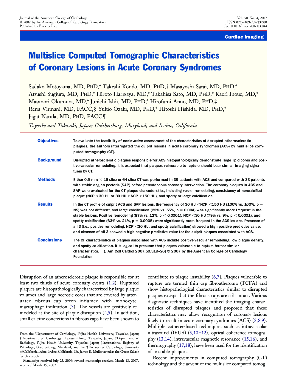 Multislice Computed Tomographic Characteristics of Coronary Lesions in Acute Coronary Syndromes 