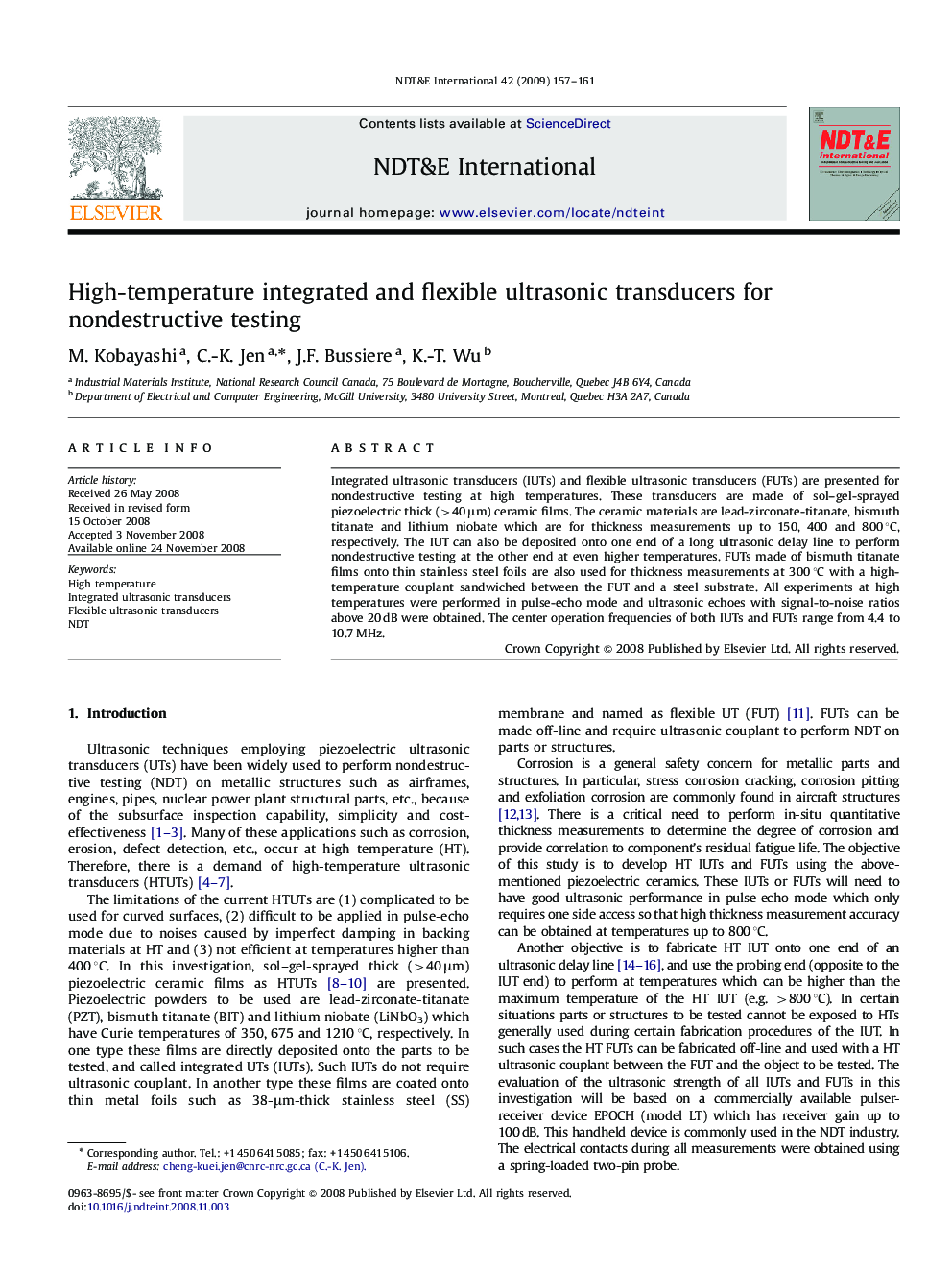 High-temperature integrated and flexible ultrasonic transducers for nondestructive testing