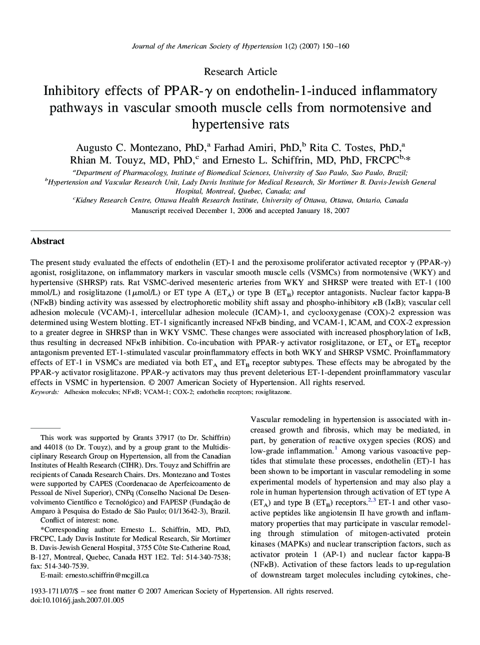 Inhibitory effects of PPAR-γ on endothelin-1-induced inflammatory pathways in vascular smooth muscle cells from normotensive and hypertensive rats 