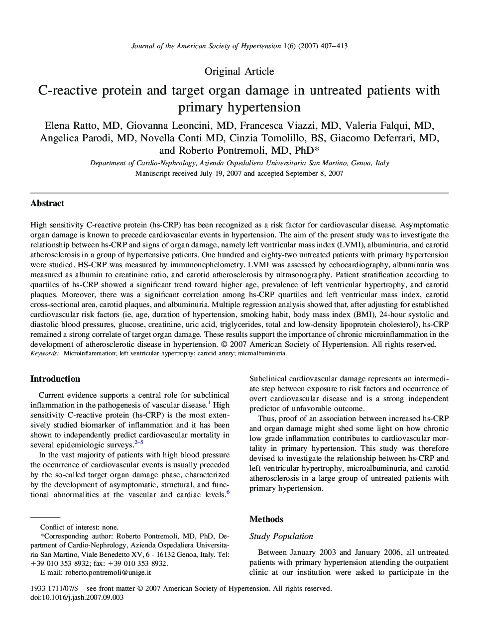 C-reactive protein and target organ damage in untreated patients with primary hypertension 