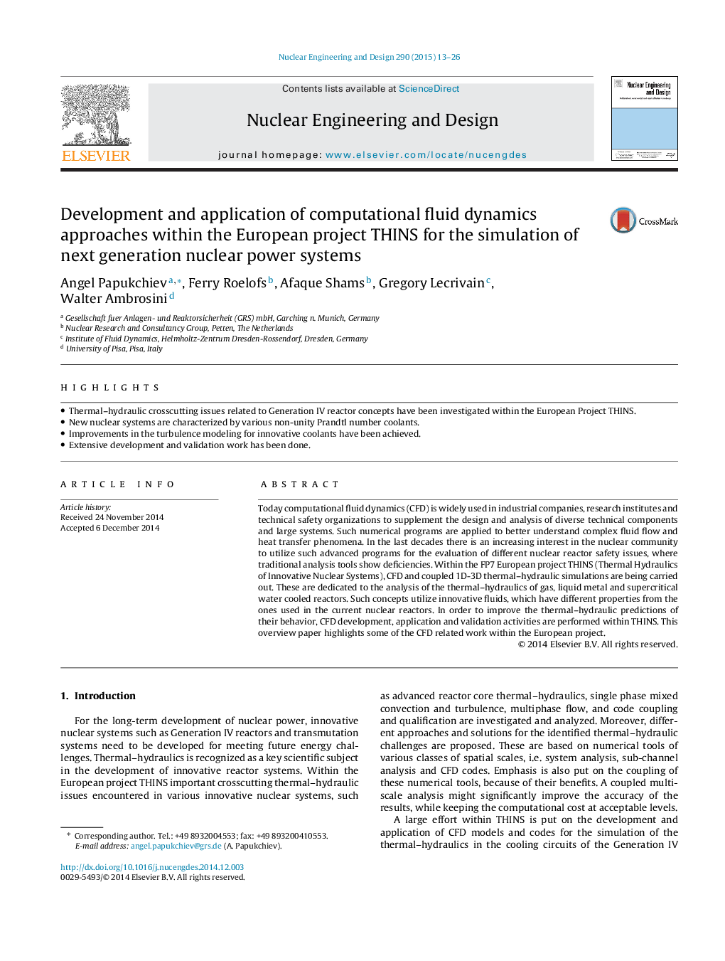 Development and application of computational fluid dynamics approaches within the European project THINS for the simulation of next generation nuclear power systems