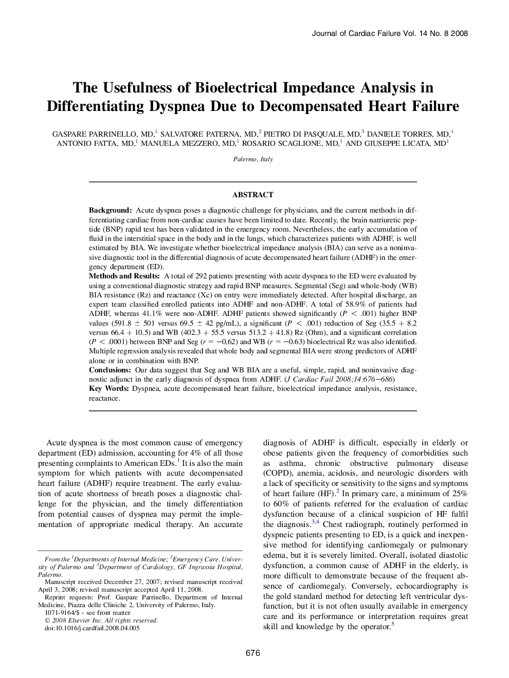 The Usefulness of Bioelectrical Impedance Analysis in Differentiating Dyspnea Due to Decompensated Heart Failure