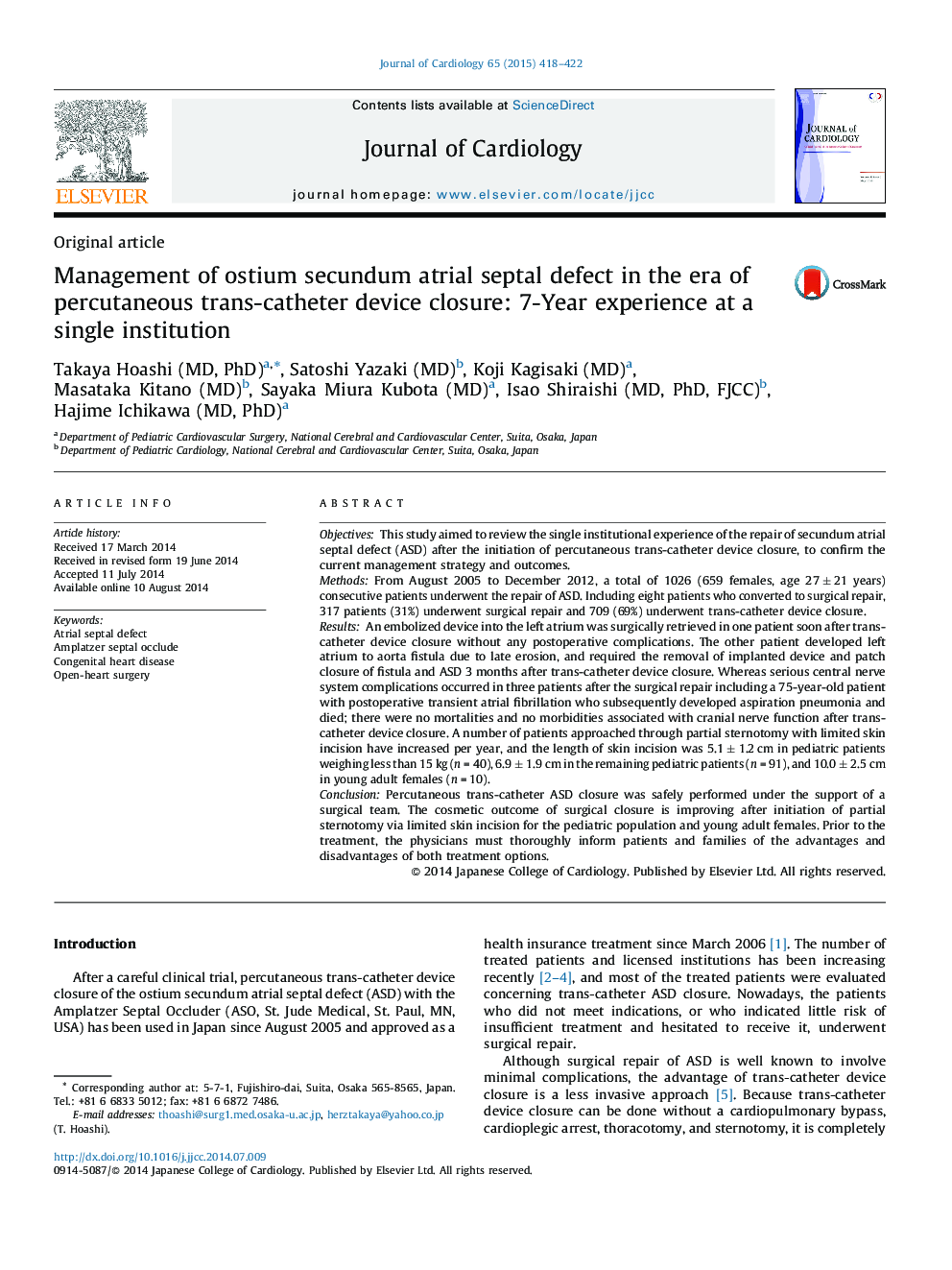 Management of ostium secundum atrial septal defect in the era of percutaneous trans-catheter device closure: 7-Year experience at a single institution