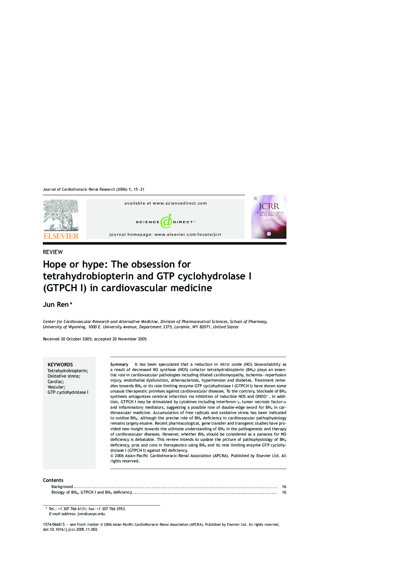 Hope or hype: The obsession for tetrahydrobiopterin and GTP cyclohydrolase I (GTPCH I) in cardiovascular medicine