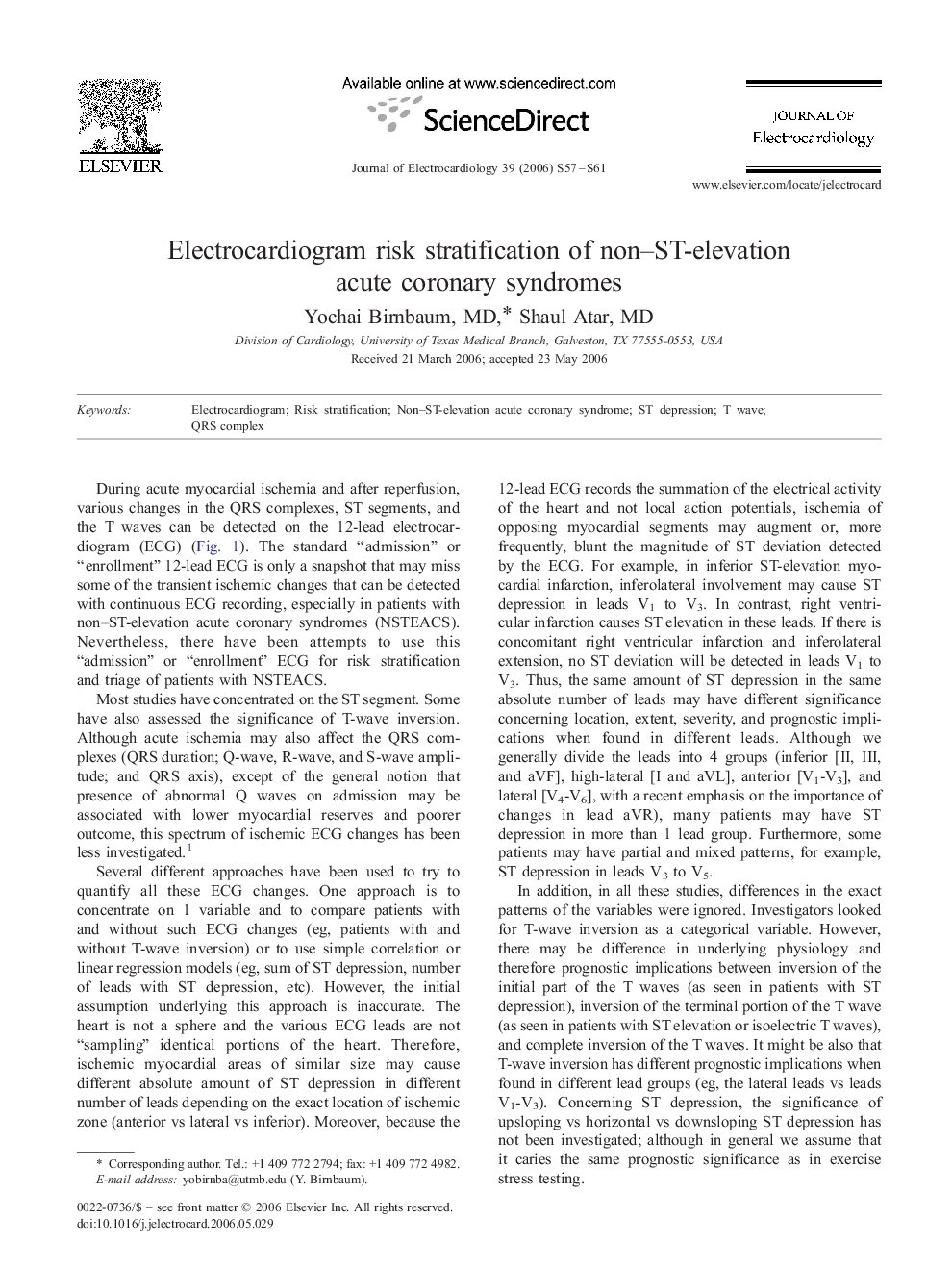 Electrocardiogram risk stratification of non-ST-elevation acute coronary syndromes