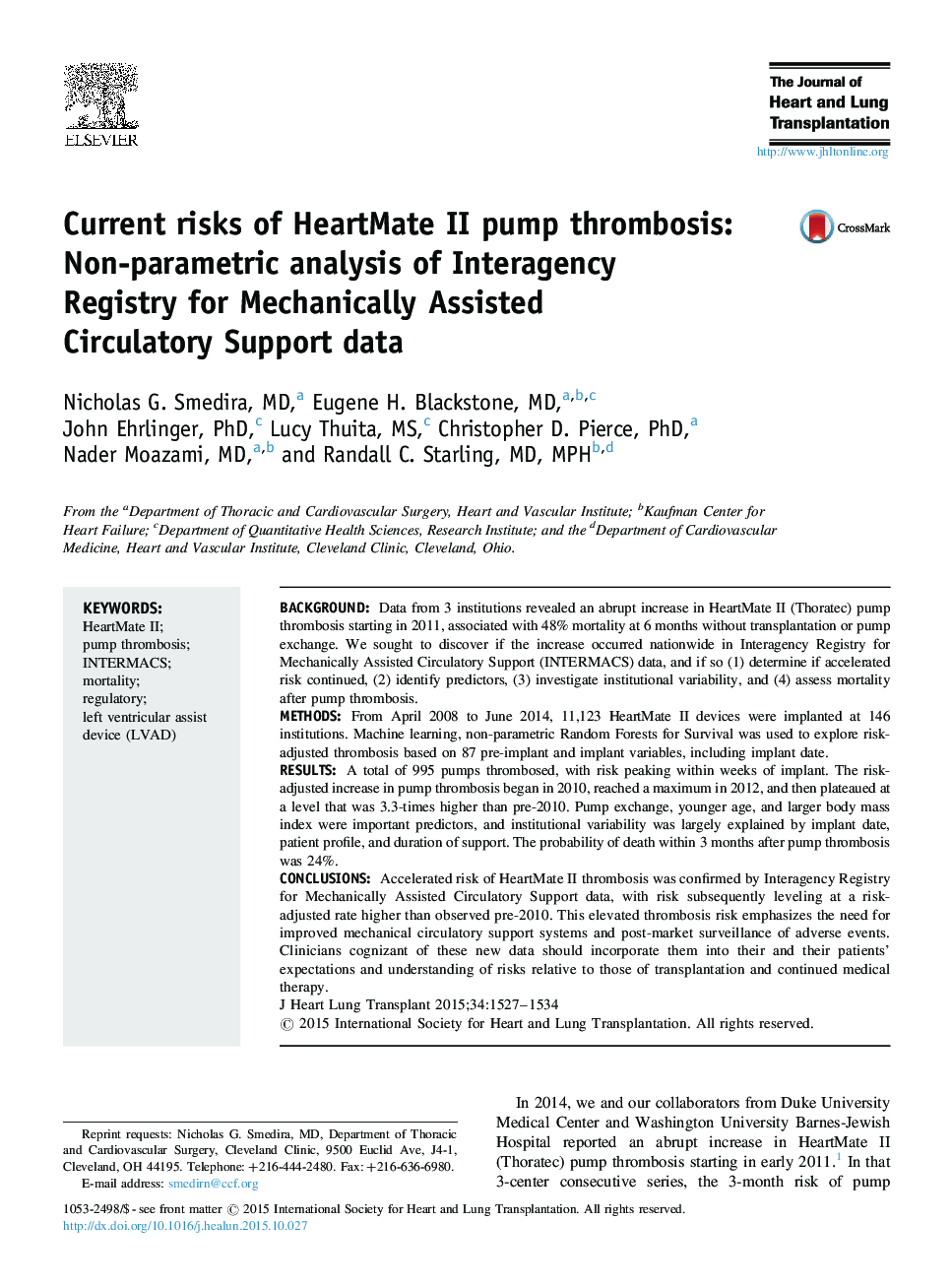 Current risks of HeartMate II pump thrombosis: Non-parametric analysis of Interagency Registry for Mechanically Assisted Circulatory Support data