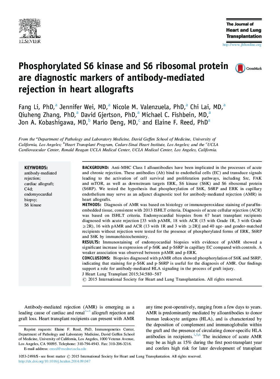 Phosphorylated S6 kinase and S6 ribosomal protein are diagnostic markers of antibody-mediated rejection in heart allografts