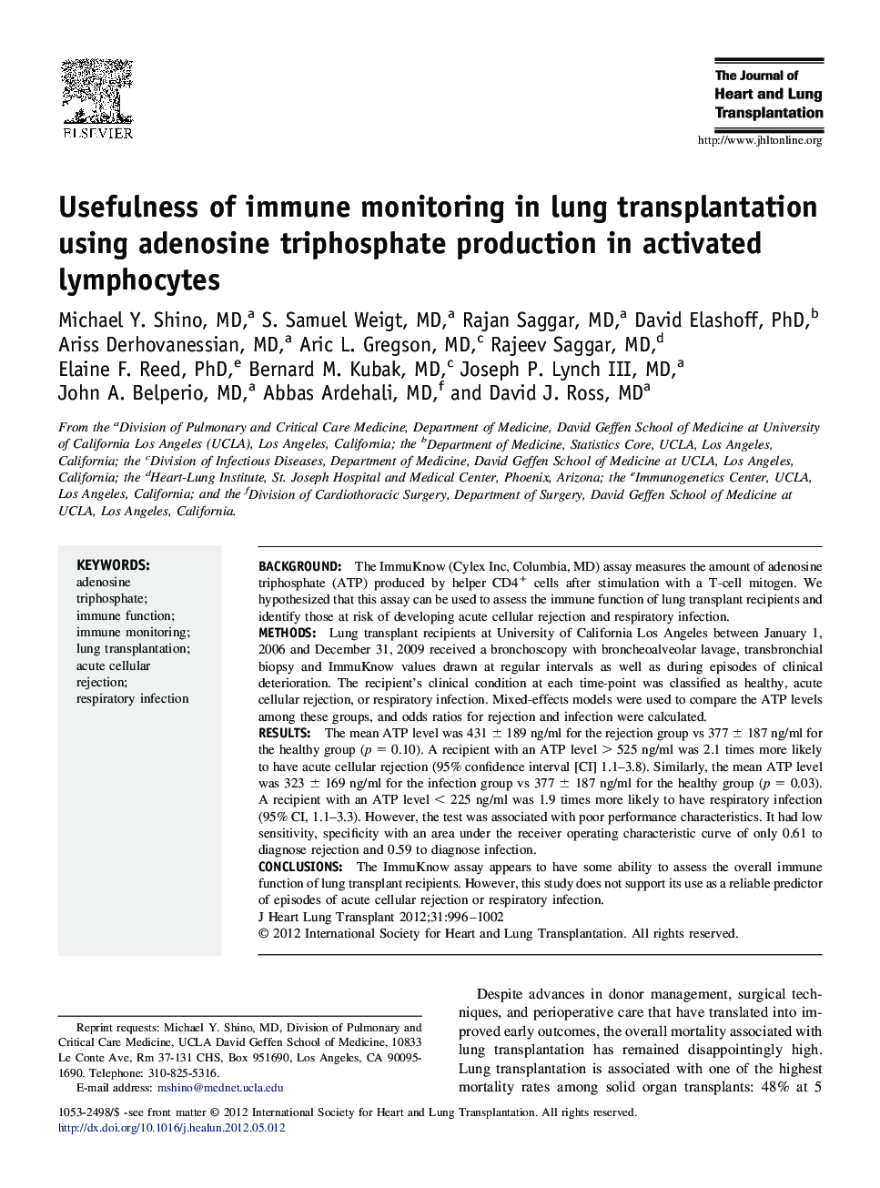 Usefulness of immune monitoring in lung transplantation using adenosine triphosphate production in activated lymphocytes