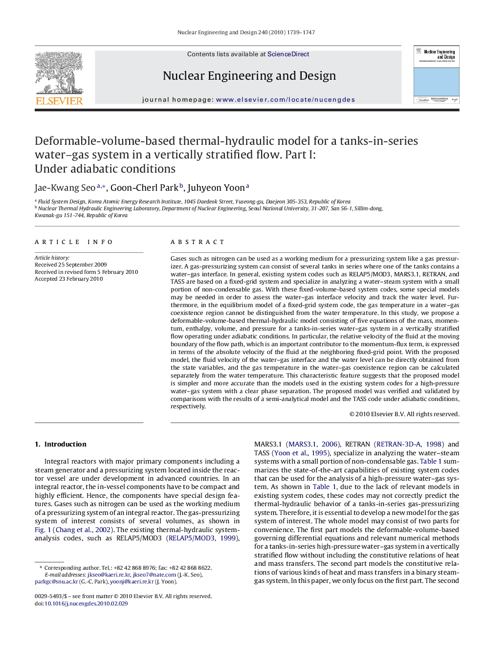 Deformable-volume-based thermal-hydraulic model for a tanks-in-series water–gas system in a vertically stratified flow. Part I: Under adiabatic conditions