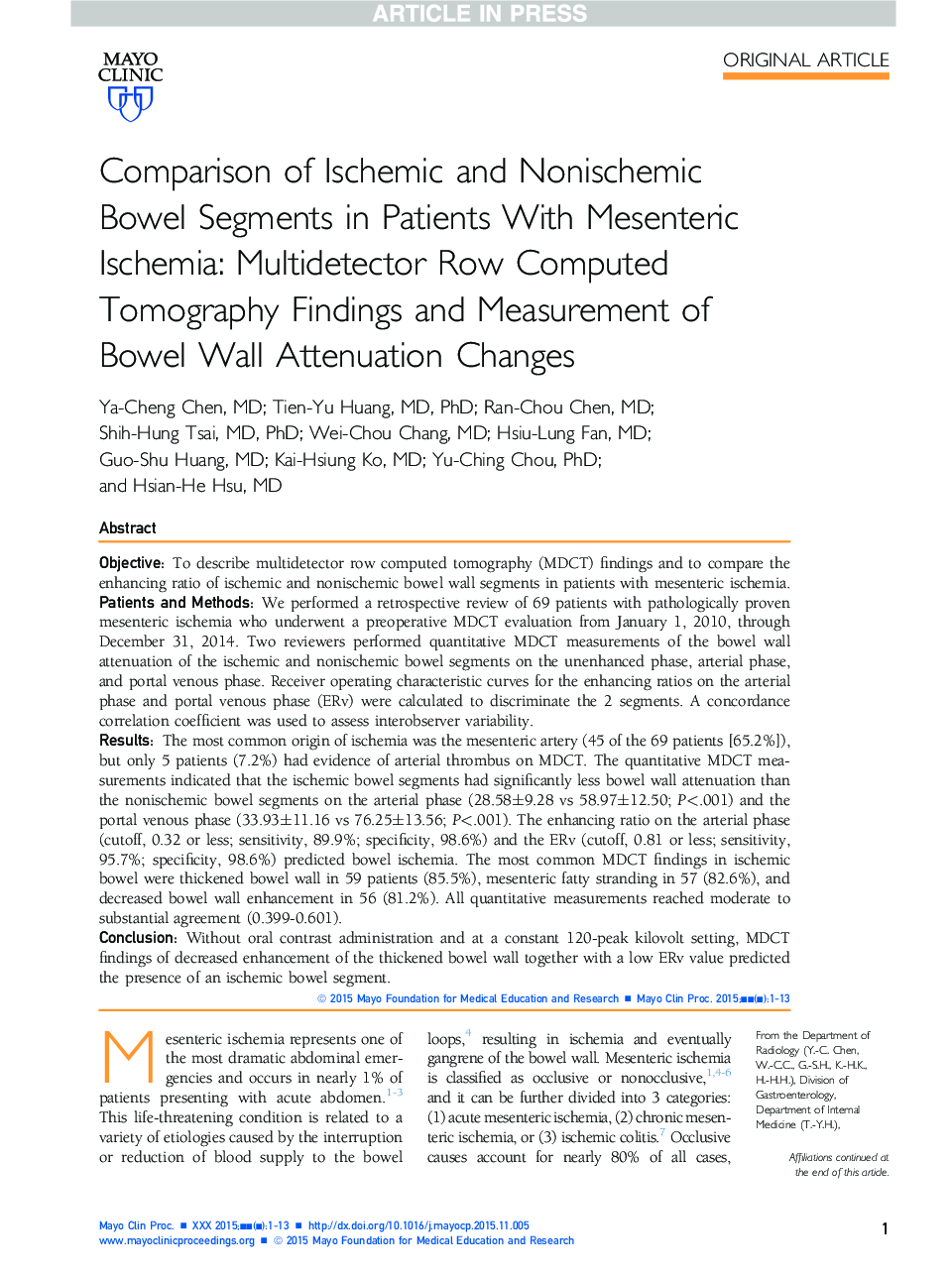 Comparison of Ischemic and Nonischemic Bowel Segments in Patients With Mesenteric Ischemia: Multidetector Row Computed Tomography Findings and Measurement of Bowel Wall Attenuation Changes