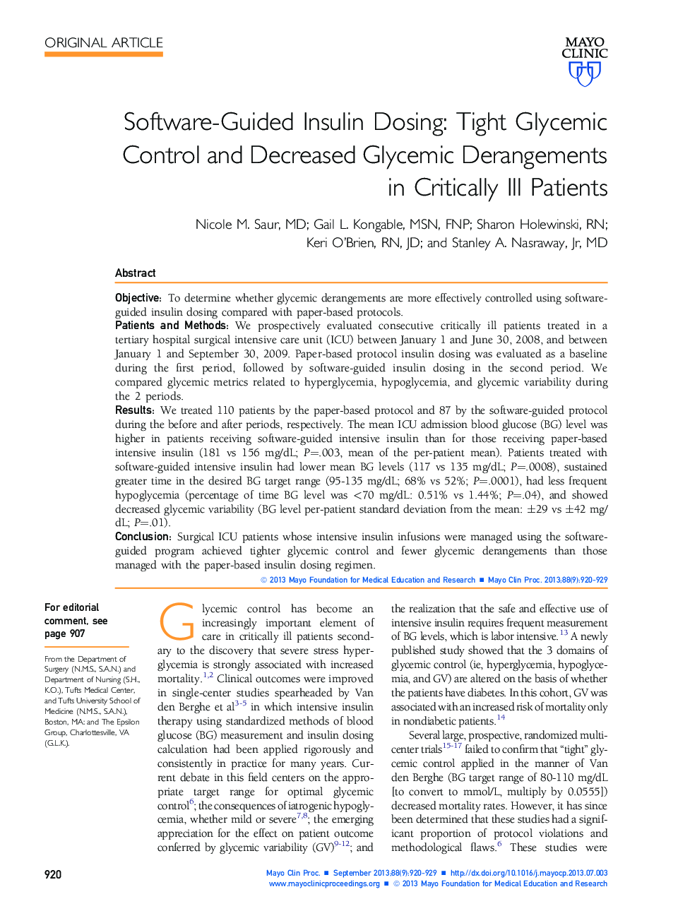 Software-Guided Insulin Dosing: Tight Glycemic Control and Decreased Glycemic Derangements in Critically Ill Patients
