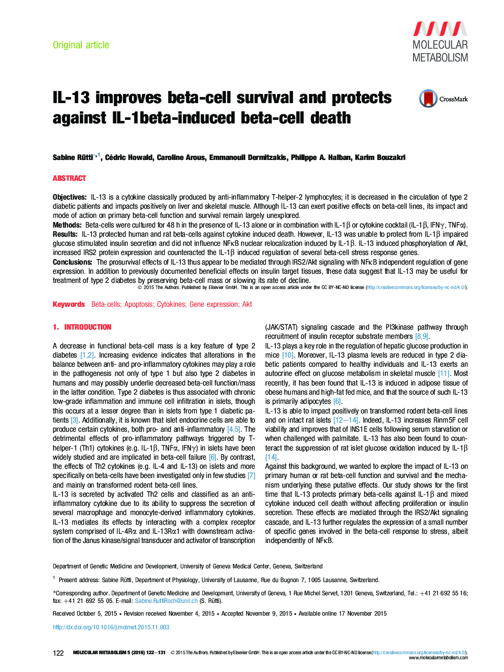 IL-13 بقای سلول بتا را بهبود می بخشد و در برابر مرگ سلول های بتای القا شده IL-1 بتا محافظت می کند