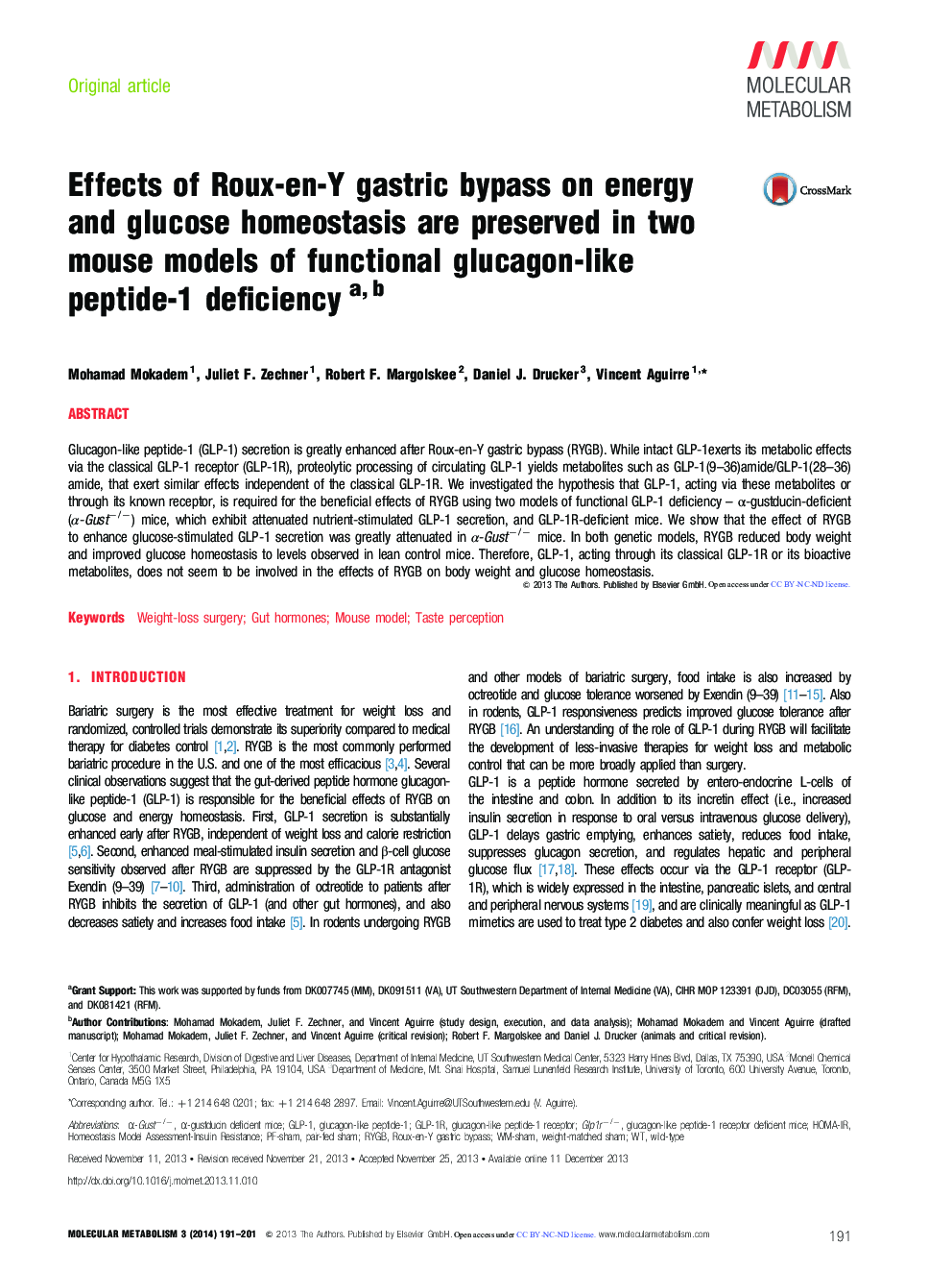 Effects of Roux-en-Y gastric bypass on energy and glucose homeostasis are preserved in two mouse models of functional glucagon-like peptide-1 deficiency ab