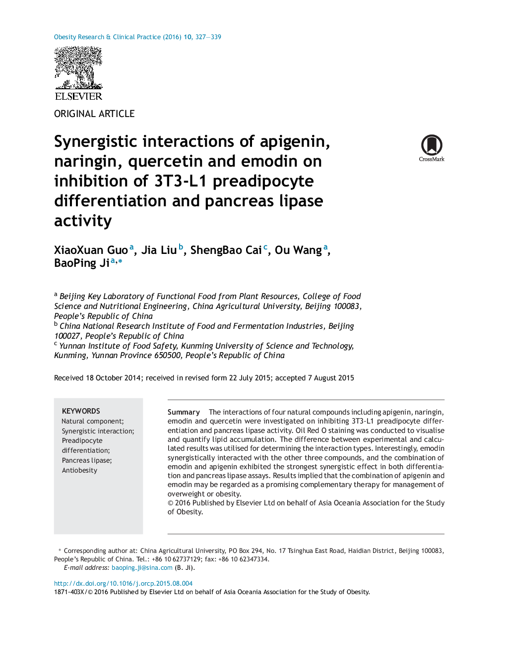 Synergistic interactions of apigenin, naringin, quercetin and emodin on inhibition of 3T3-L1 preadipocyte differentiation and pancreas lipase activity