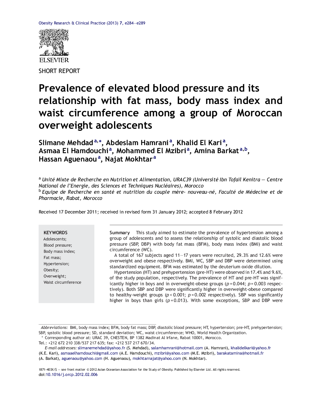 Prevalence of elevated blood pressure and its relationship with fat mass, body mass index and waist circumference among a group of Moroccan overweight adolescents