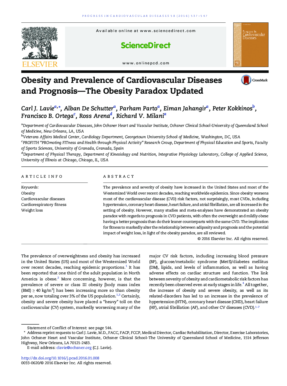 Obesity and Prevalence of Cardiovascular Diseases and Prognosis—The Obesity Paradox Updated 