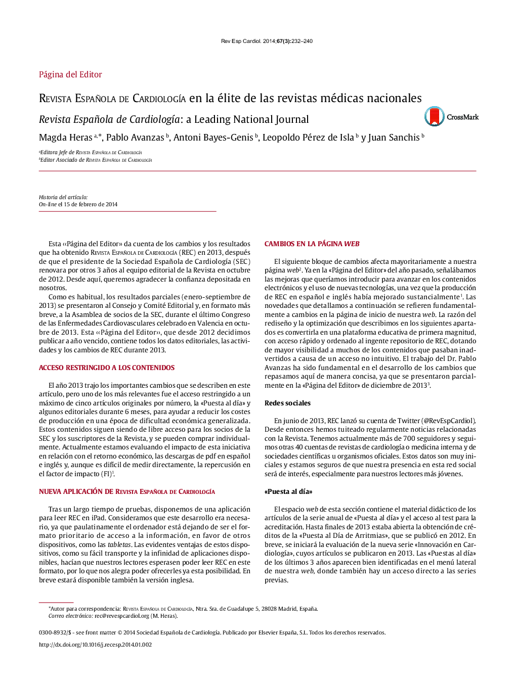 Revista Española de CardiologÃ­a en la élite de las revistas médicas nacionales